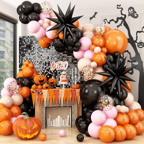 Luftballons Girlande Halloween,Luftballons Bogen Kit mit Stern Folienballons Schwarz Orange Rose Beige Luftballons für Kinder Halloween Themenparty dekorationen von BTZO