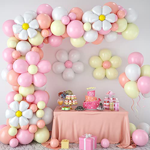 Luftballons Girlande Pastell,Regenbogen Ballon Girlande Kit mit Gänseblümchen Folienballons Rosa Weiß Gelb Luftballons für Geburtstag,Baby Shower Geburtstagsdeko Hochzeit Dekoration von BTZO