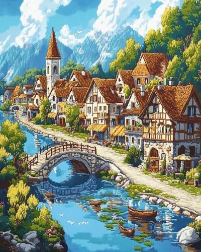 BUANJIAJU Flussufer-Stadtlandschaft. Umfassendes Stick-Starter-Set für erwachsene Anfänger mit Baumwollfaden und farbig gedrucktem Muster 11CT-40X50CM von BUANJIAJU