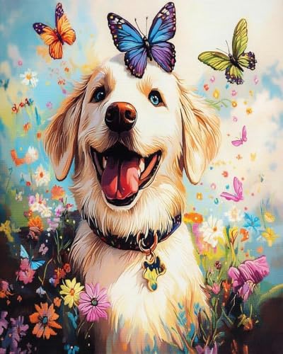 BUANJIAJU Golden Retriever-Hund und Schmetterling in Blumen – Kreuzstich-Set – DIY-Set für Erwachsene oder Anfänger – lustiges Stickset – einfach zu verwenden – Bastelkollektion .40X50CM von BUANJIAJU