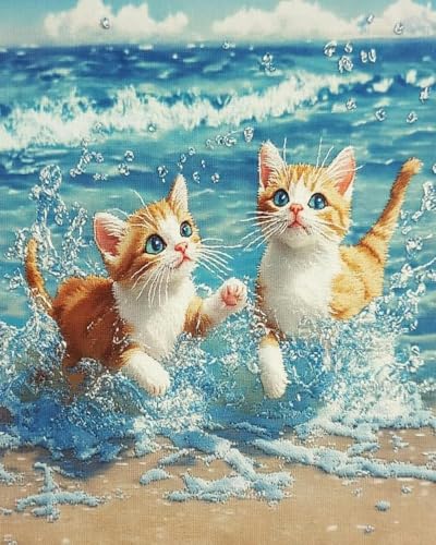 BUANJIAJU Katzen spielen am Strand. Elegantes Kreuzstich-Set aus vorgedrucktem Stoff, komplettes DIY-Bastelset .40X50CM von BUANJIAJU