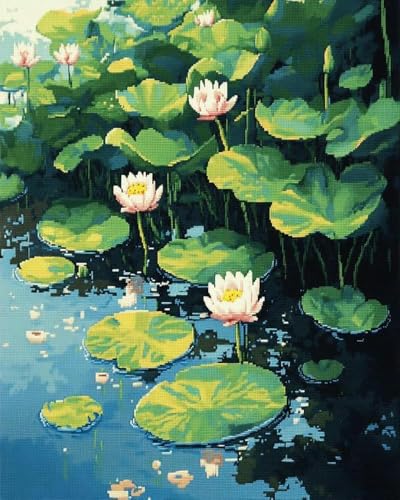 BUANJIAJU Lotus im Teich im Sommer – Kreuzstich-Set – DIY-Set für Erwachsene und Anfänger – interessantes Stickset – einfach zu verwenden – Bastelkollektion .40X50CM von BUANJIAJU