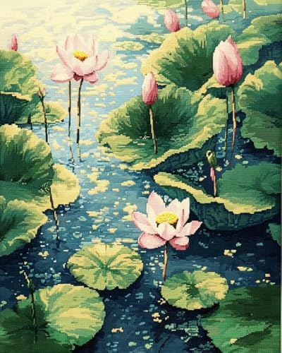 BUANJIAJU Lotus im Teich im Sommer. Vorgedrucktes Kreuzstich-Set für Erwachsene mit Baumwollfaden und farbig gedrucktem Muster, 11 CT.40X50CM Stempel-Stickset, DIY-Wandkunst-Dekor für Anfänger von BUANJIAJU