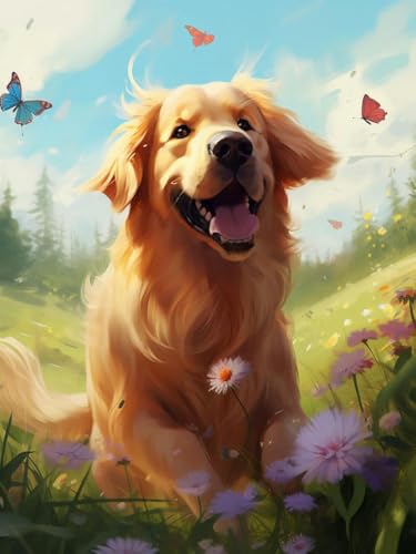 BUANJIAJU Stitch & Create Kreuzstich-Set – Golden Retriever mit Blumen – Komplettset mit Anleitung, Baumwollfaden und Farbdruckmuster .40X50CM von BUANJIAJU