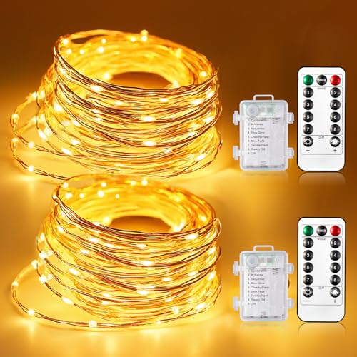 BUCASA 2 Stück Lichterkette Batterie, 10M 100 LED Lichterkette Außen mit Fernbedienung und Timer, 8 Modi Dimmbar Warmweiß, Wasserdicht Fairy Lights für Innen Außen DIY Halloween Weihnachten Deko von BUCASA