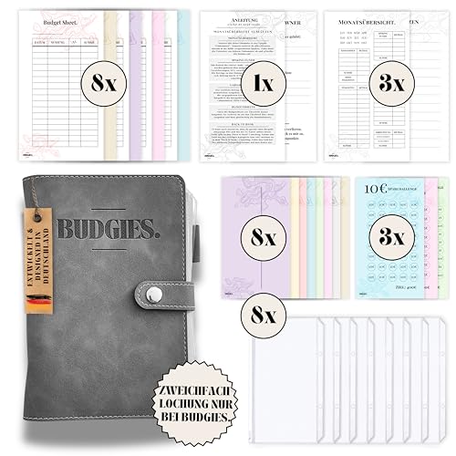 BUDGIES.® Budgetplaner Umschlagmethode Deutsch - A6 - Starterset + Sparchallenges - Finanzplaner Deutsch - Ringbuch - Binder A6 (grau) von BUDGIES.