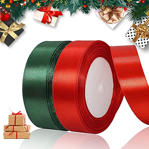 BUENTYA 2 Rollen Satinband Weihnachten Schleifenband Geschenkband 22m Weihnachtsband Rot Dunkelgrün Satin Band Weihnachtsgeschenkband Dekoband Stoffband für Weihnachtsdeko Hochzeit Geburtstag Party von BUENTYA