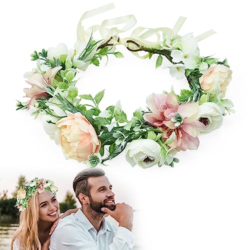 BUENTYA Blumenkranz Hochzeit Blumenkrone Haare Haarkranz Blumen Haarband Verstellbarer Gürtel Haarkrone Blumenkranz Kopfschmuck Blumenstirnband Blumenkopfkranz Floral Girlande für Damen (Rosa) von BUENTYA