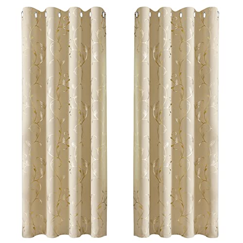 BUHUA Verdunklungsvorhänge Beige Goldfolie Wärmeisolierende Vorhänge mit Ösen Gardienen 2-Set H 245 x B 132 cm Gardinen Wohnzimmer & Schlafzimmer Thermovorhang Kälteschutz von BUHUA