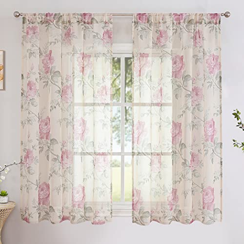 BUHUA Voile Vorhänge Halbtransparent Vorhang im Blumen Vorhänge mit Kräuselband Gardinenschals Muster Durchsichtige Vorhänge für Wohnzimmer 2er Set, 175x140cm (HxB) Rosa von BUHUA