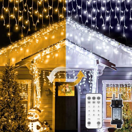 BUICXJKZ Eisregen Lichterkette 10M+5M 400LED, Weihnachtsbeleuchtung Außen mit Timer Fernbedienung 11 Modi -IP44 Eiszapfen Lichterkette für Weihnachten Balkon Garten Party Hochzeit(Warmweiß & Kaltweiß) von BUICXJKZ