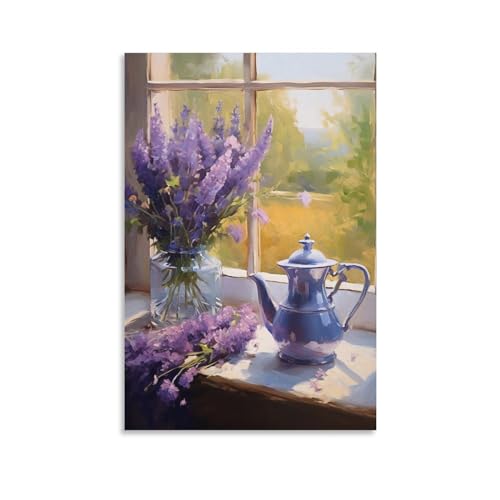 BUKAMDR Aquarell Lavendel Leinwand Wandkunst Bauernhaus Fenster Schöne Blumen Gemälde Druck Poster Gerahmtes Kunstwerk für Schlafzimmer Wohnzimmer Büro Wanddekoration von BUKAMDR