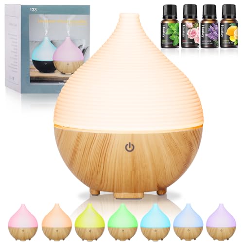 BUOAZR Aroma Diffuser, 160ML Diffuser mit Ätherische Öle, 7 Farben LED, mit 4 x10 ML Duftöl, Holzmaserung Luftbefeuchter, Automatische Abschaltung bei Wasserlosem Zustand für Zuhause, Büro, Oder, Yoga von BUOAZR