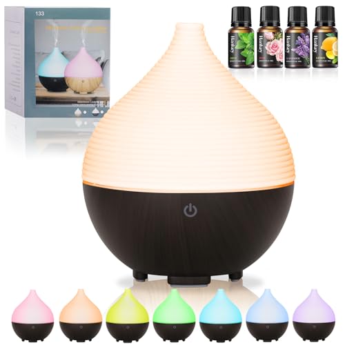 BUOAZR Aroma Diffuser, 160ML Diffuser mit Ätherische Öle, 7 Farben LED, mit 4 x10 ML Duftöl, Holzmaserung Luftbefeuchter, Automatische Abschaltung bei Wasserlosem Zustand für Zuhause, Büro, Oder, Yoga von BUOAZR