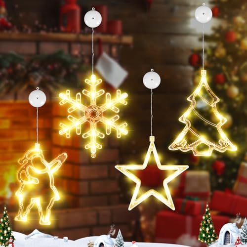 BUOAZR Saugnapf Weihnachten Lichter, 4 Stück LED Fensterlicht Saugnapf, 3 Modi Hängend Fensterlicht Batteriebetriebene, Weihnachtsbeleuchtung Fenster, Warmweiß Lichter, für Weihnachten Deko, Party von BUOAZR