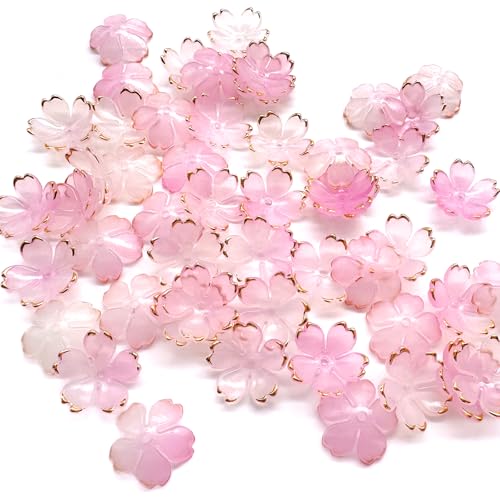 BUOKSLLY 50 pcs Cherry Blossom Acrylic Flower Charms - Kirschblüten Acrylperlen, Vergoldete Blütenblatt-Perlen, Transparent, Ideal für Schmuckherstellung und Bastelarbeiten von BUOKSLLY