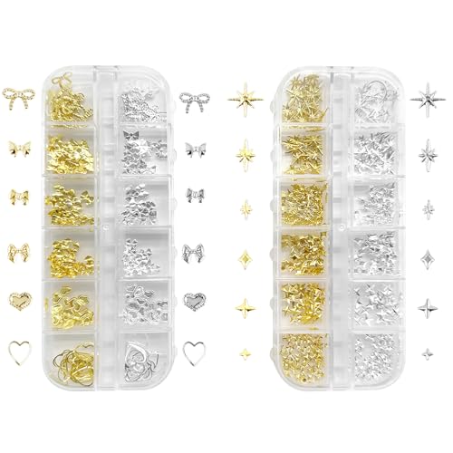 BUOKSLLY Gold Silber Stern Schleifen Liebe Nail Charms, 2 Boxen Metall Nagelkunst Dekorations,Gold Glitzersteine, Kristall Nagel Steinchen, Sterne Nail Art Charms, für Nagelkunst DIY von BUOKSLLY