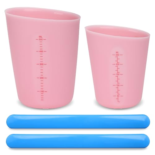 2 Stück Silikon Messbecher mit Rührstab aus Silikon,250 ml/500 ml Messbecher mit Skala,für Epoxidharz Gießformen,Basteln,Diy Handmade,Küche (Rosa) von BUOSHUO