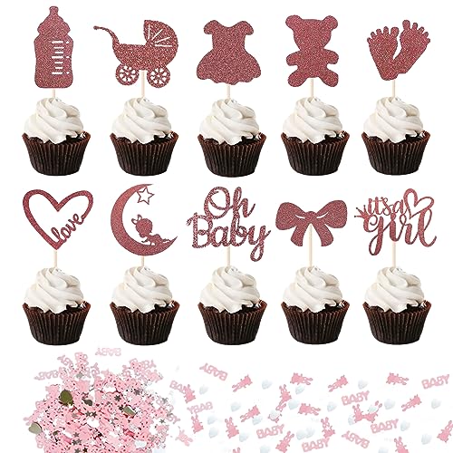 BURGEON 30 Stück Oh Baby Cupcake Topper mit Konfetti, Baby Cake Topper Tortendeko für Geburtstag Babyparty Baby Shower Gender Reveal Party Dekorationen, Rosa von BURGEON