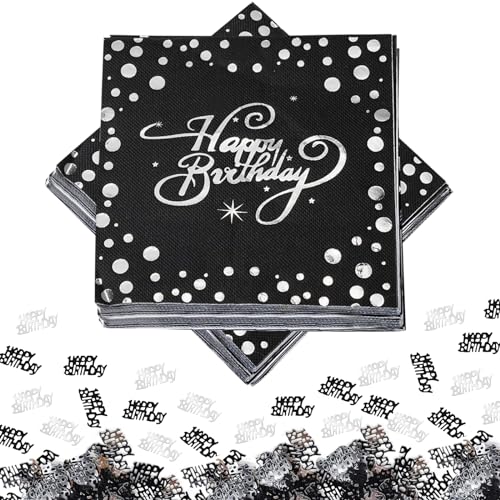 BURGEON 40 Stück Servietten Geburtstag Schwarz Silber, Servietten Happy Birthday mit 15g Geburtstag Konfetti, Geburtstag Deko Papierservietten Tischdeko für Junge Mädchen Geburtstag Party Deko von BURGEON