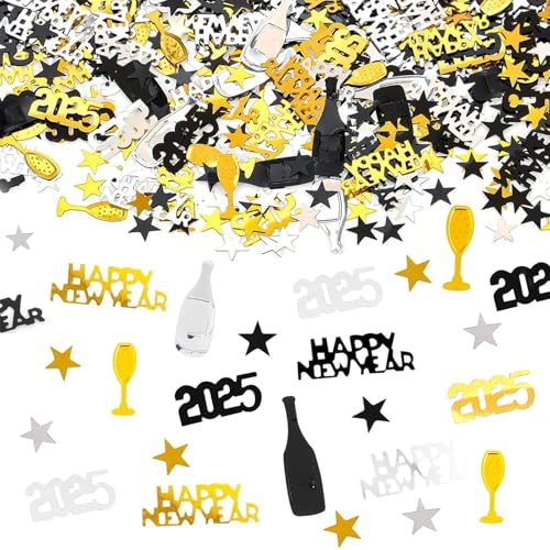 BURGEON Silvester Deko 2025 Konfetti Gold Schwarz, Streudeko Happy New Year Deko, Konfetti für 2025 Neujahr, Glitzer Tischdeko Party Dekoration für Neujahr Karneval Party von BURGEON