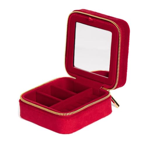 BURLOE Plüsch Samt Reise Schmuckkästchen Organizer, Schmuck Organizer Schmucketui Kleine Schmuckschatulle Für Damen Reiseetui Ohrring Box Mit Spiegel,Rot von BURLOE