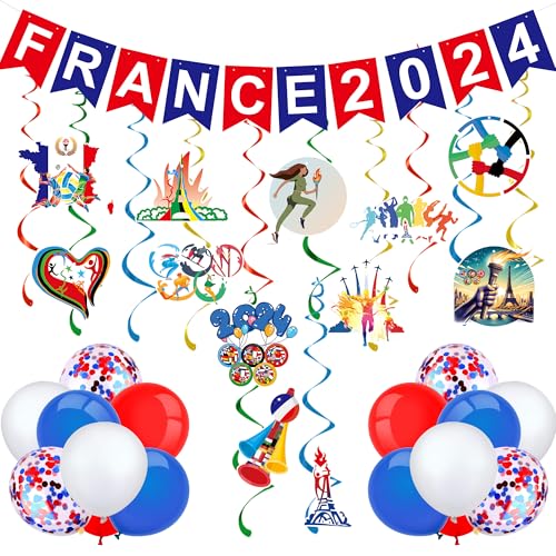 41 Stück Dekorationen 2024 Spiele Paris Spiele Olym Piques Paris Dekorationen Frankreich 2024 Banner zum Aufhängen Decke Spirale Eiffelmedaille Fackel Land Flagge Luftballons für 2024 Spiele Paris von BUSCANDO