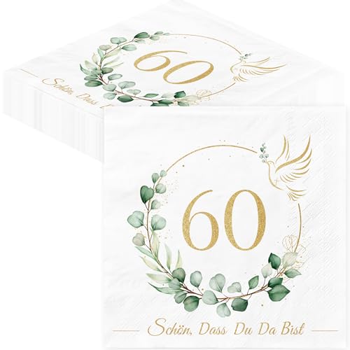 60. Geburtstag Deko Servietten Geburtstags - 40Stück Buscando 3-lagig Servietten Eukalyptus Grün Schön dass Du Da Bist Gold Papierservietten für 60. Geburtstag Mann Frau Geburtstag Party Tischdeko von BUSCANDO