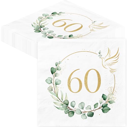 60. Geburtstag Deko Servietten Geburtstags - 40Stück Buscando 3-lagig Servietten Eukalyptus Grün Schön dass Du Da Bist Gold Papierservietten für 60. Geburtstag Mann Frau Geburtstag Party Tischdeko von BUSCANDO