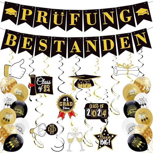 BUSCANDO Abschluss Deko 2024 Prüfung Bestanden Deko Abschlussfeier Abitur Bachelor Luftballons Deko Schulabschluss Schwarz Gold Graduation Deko mit Banner Graduierung Fotorequisiten von BUSCANDO