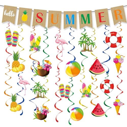BUSCANDO Hawaiian Summer Hanging Decorations - Summer Banner Hawaii Aloha Pool Party Beach Decorations Summer Hanging Swirls Streamers Tropical Luau Party Palm Flamingo Foil Ceiling Decorations von BUSCANDO