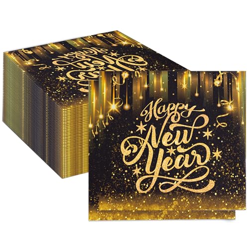 BUSCANDO 40Stück Servietten Silvester Neujahr Servietten Gold Schwarz Silvester Deko Silvester Tischdeko 2025 Happy New Year Servietten Silvester Papierservietten Silvester Party Accessories Deko von BUSCANDO