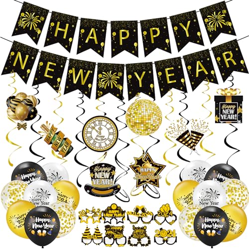 Buscando Silvester Deko 2024 Party Set Happy New Year Girlande Banner Bunting Brille Silvester Foto Requisiten Luftballons Silvester 2024 Silvester Party Dekoration Accessories von BUSCANDO