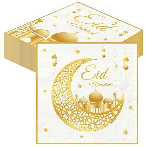 Eid Ramadan Dekoration Eid-Mubarak Servietten - Servietten Ramadan Mubarak Servietten Eid Mubarak Tischdeko Eid Papierservietten für Eid Ramadan Deko Ramadan Napkins 33x33cm Eid Party Deko (40Stück) von BUSCANDO