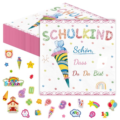 Tischdeko Einschulung-Mädchen Einschulung Servietten Schulanfang - 3-lagig Servietten Schulanfang Servietten Einschulung Konfetti Schulkind Einschulung Schuleinführung Tischdeko Servietten mit Spruch von BUSCANDO