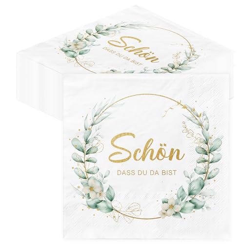 Servietten Schön Dass Du Da Bist 100Stück 3-lagig Grün Eukalyptus Servietten Hochzeit Geburtstag Taufe Geburtstag Deko Servietten Salbeigrün mit Spruch Kommunion Konfirmation Tischdeko 33x33cm von BUSCANDO