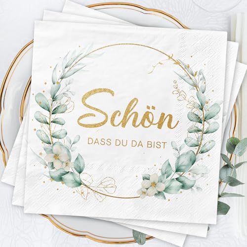 Servietten Schön Dass Du Da Bist 40Stück 3-lagig Grün Eukalyptus Servietten Hochzeit Geburtstag Taufe Geburtstag Deko Servietten Salbeigrün mit Spruch Kommunion Konfirmation Tischdeko 33x33cm von BUSCANDO