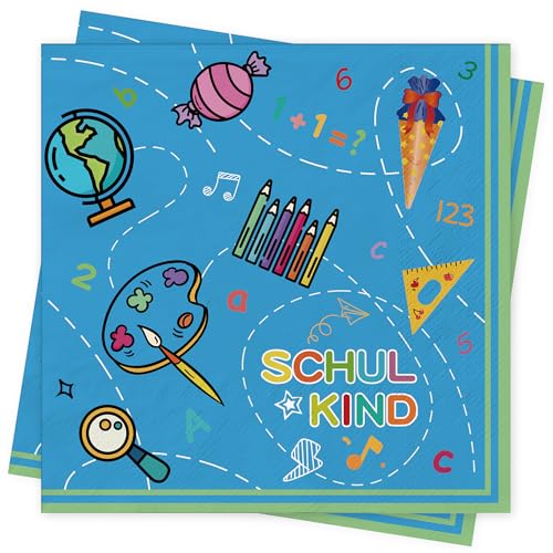 Servietten Einschulung Schulanfang Schuleinführung Deko - 40Stück BUSCANDO Tischdeko Einschulung Schuleinführung Schule mit Zuckertüte und ABC Servietten Schulanfang Junge Mädchen 33x33cm von BUSCANDO