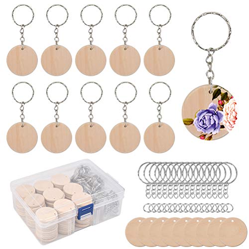 BUYGOO 100Pcs Holzscheiben Rund 35mm Holz Scheiben, DIY Handwerk Holzscheiben mit 3mm Loch und 100Pcs Schlüsselringe für DIY Heimwerker Weihnachtsschmuck Ornamente Hängedekorationen von BUYGOO