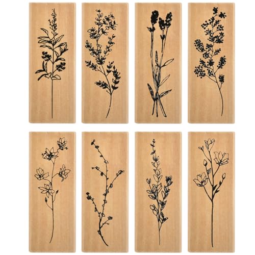 BUYGOO Holzstempel zum Basteln, 8 Stück Holzstempel Stempel, Pflanzen Stempel Blumen Holzstempel, Holzstempel Stempel Holz Blumen,Vintage Holzgummistempel, für DIY Craft Zeitschriften Geschenkanhänger von BUYGOO