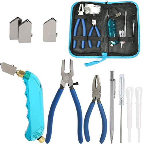 BUYGOO Profi Glasschneider Set - Profi Glasbrech- und Fugenzange Pliers, Glasschneidergriff, Schneidkopf 2 Größen, Öltropfer Skulpturenstift Schraubendreher Tasche, Heavy Duty Glass Cutter Tool Kit von BUYGOO