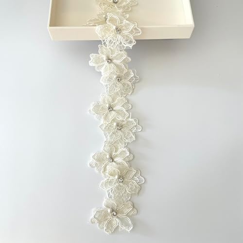 Spitzenband mit 3D-Perlen, Blumenapplikation, bestickter Spitzenstoff zum Nähen, Basteln, Gelb, 2 Meter von BUYSK