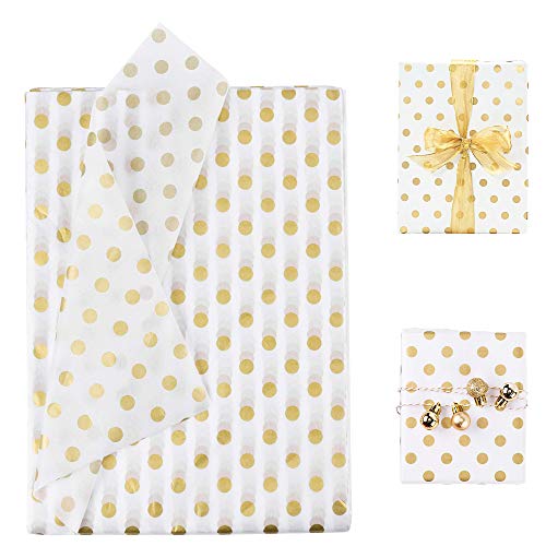 BUZIFU 50 Blatt Seidenpapier Metallic Polka Punkte Gewebe Papier Geschenkpapier Gold für Geschenk Geburtstag Hochzeit Taufe Verpackung Einwickelpapier für Geburtstag, Hochzeit, Weihnachten, 50x70cm von BUZIFU