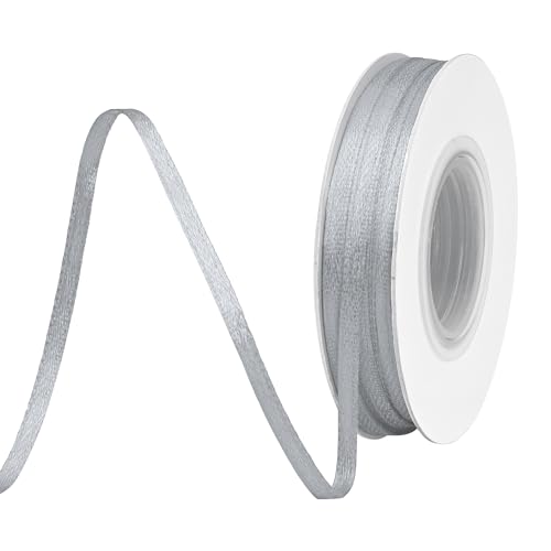 BVIEAKD 3mm breit 45m Long Double Face Silber Satin Ribbon Stoffband für Geschenkverpackungen Sehr geeignet für Hochzeiten Dekoration Blumenstrauß Ballons Kunsthandwerk Nähen Haarschleife von BVIEAKD