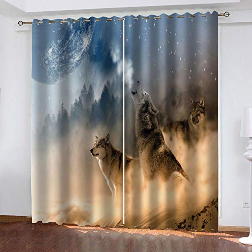 BWBJJ 3D Kinderzimmer Verdunkelungsvorhänge Wolf unter dem Mondhimmel Polyester Vorhänge Für Schlafzimmer Kinderzimmer Wohnzimmerdekoration 2 x B168 x H229 cm von BWBJJ