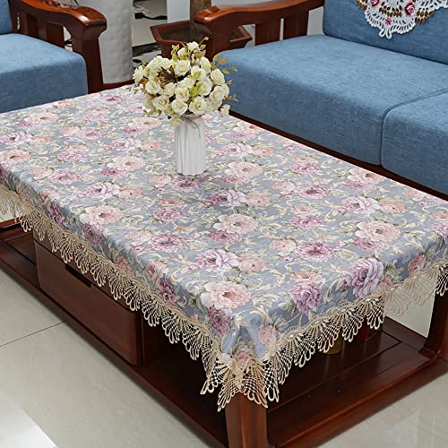 BWCKMTSC Europäische Luxus-Tischdecke mit Blumenstickerei, Spitzenbesatz, knitterfreier Couchtischbezug aus Stoff, 107 x 157 cm (42 x 62 Zoll) von BWCKMTSC