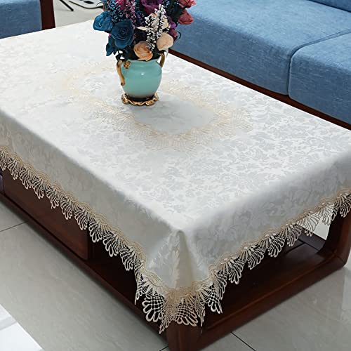 BWCKMTSC Europäische Luxus-Tischdecke mit Blumenstickerei, Spitzenbesatz, knitterfreier Stoff, eleganter Couchtischbezug, 150 x 220 cm (59 x 87 Zoll) von BWCKMTSC