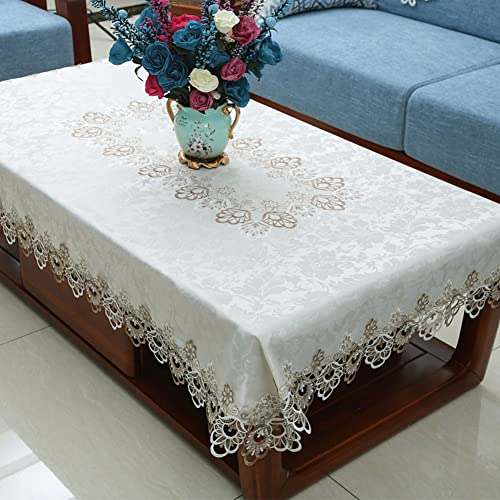 BWCKMTSC Luxuriöse europäische Tischdecke mit Blumenstickerei, Spitzenbesatz, knitterfreier Stoff, eleganter Couchtischbezug, 130 x 175 cm von BWCKMTSC