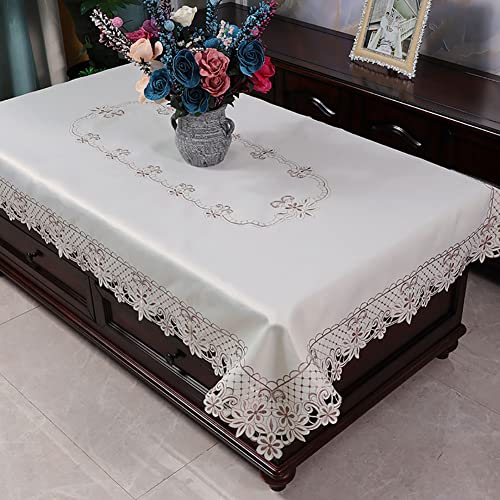 BWCKMTSC Luxuriöse europäische Tischdecke mit Blumenstickerei, Spitzenbesatz, knitterfreier Stoff, eleganter Couchtischbezug, 130 x 175 cm von BWCKMTSC