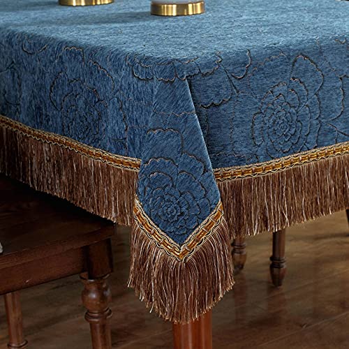 BWCKMTSC Tischdecke im europäischen Stil mit Quasten, Dicke Chenille-Tischdecke für Küche, Esszimmer, Dekoration, blau, grün, waschbar und schützend, 140 x 140 cm, Grau, Blau, 150 x 220 cm von BWCKMTSC